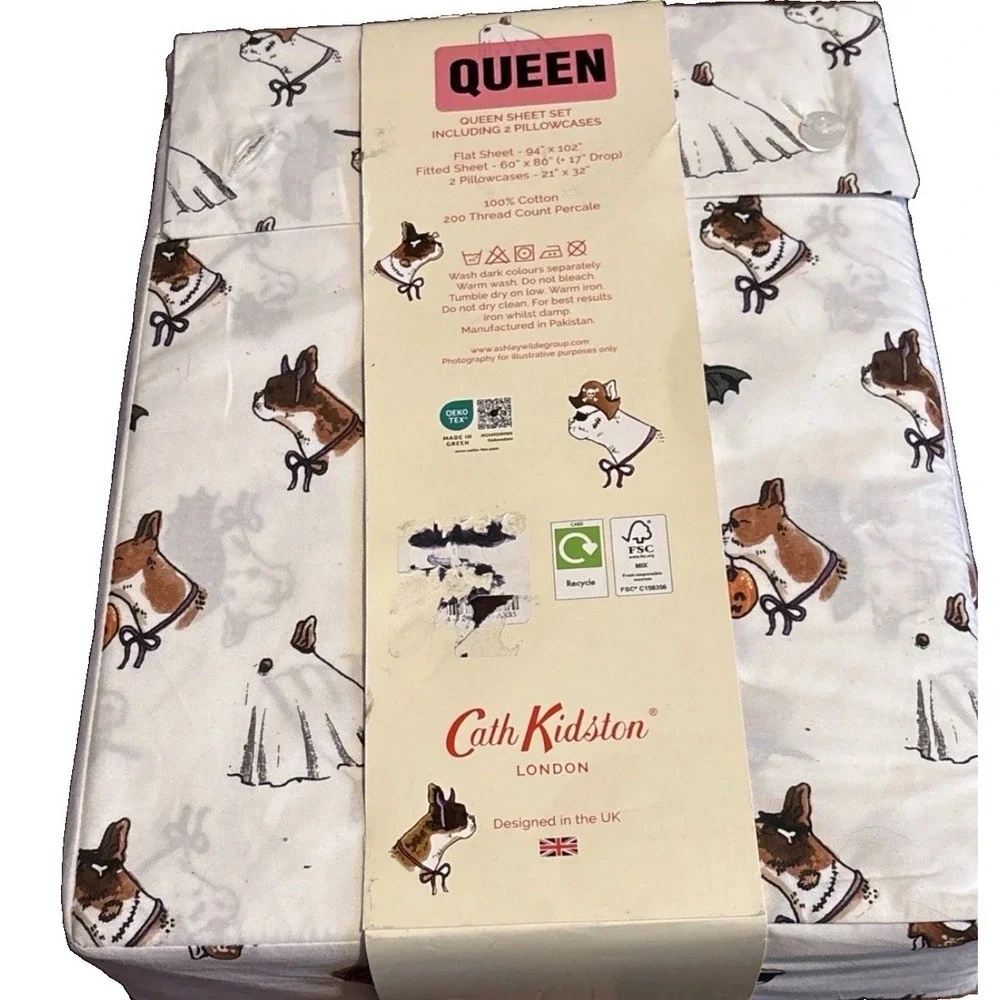 NWT Cath Kidston Halloween Dogs 4 Pc Queen Sheet Set Spooky Dog Print Bulldogs